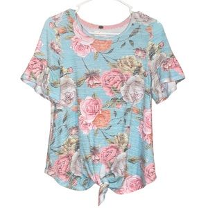 •CUPIO•BLUE FLORAL RUFFLE TRIM  SCOOPNECK TIE KNOT FRONT DETAIL BLOUSE (SMALL)